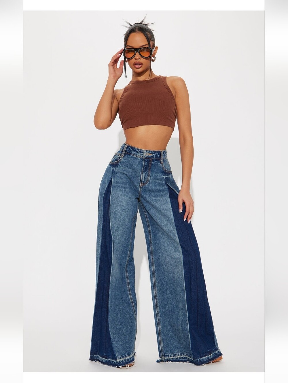 Wide Leg Two-Tone Blue Jeans for Women
